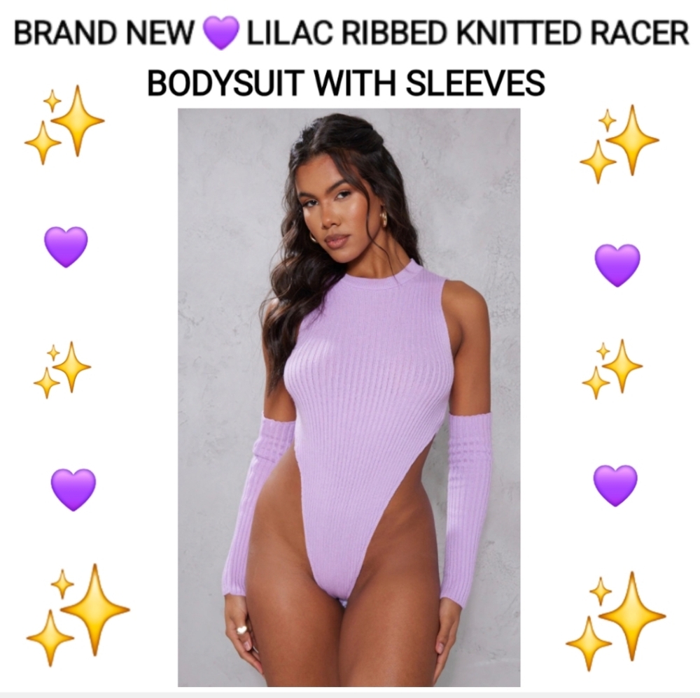 PRETTYLITTLETHING LILAC RIBBED KNITTED RACER BODYSUIT WITH SLEEVES, SIZE L